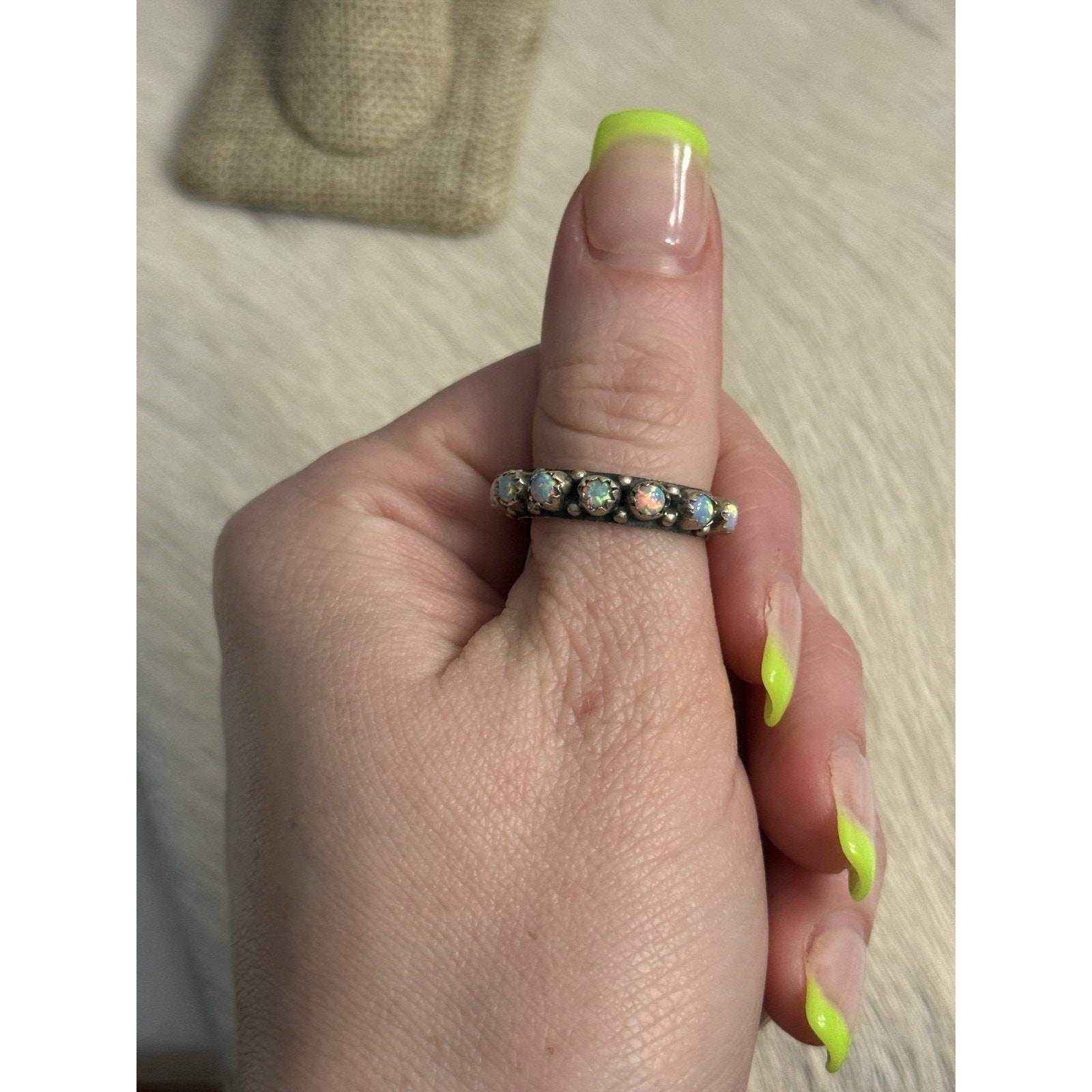 Sterling Silver White Fire Opal Eternity Snake Eye Band Ring Size 8 Round Stack